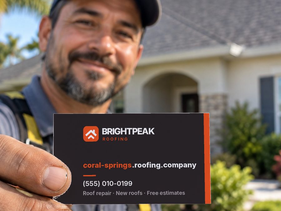 coral-springs.roofing.company on a roofer's business card