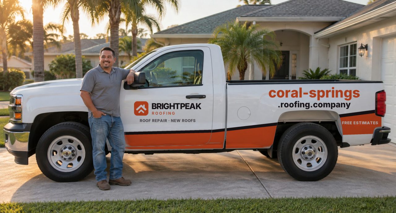 coral-springs.roofing.company painted on the side of a white work truck