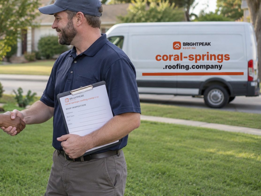 coral-springs.roofing.company on a roofing van and an inspection form